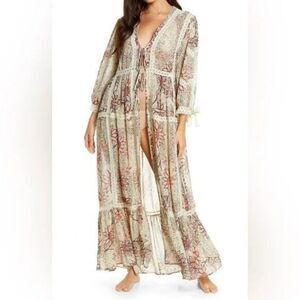 Free People Floral Lace Trim Robe - Pink and White